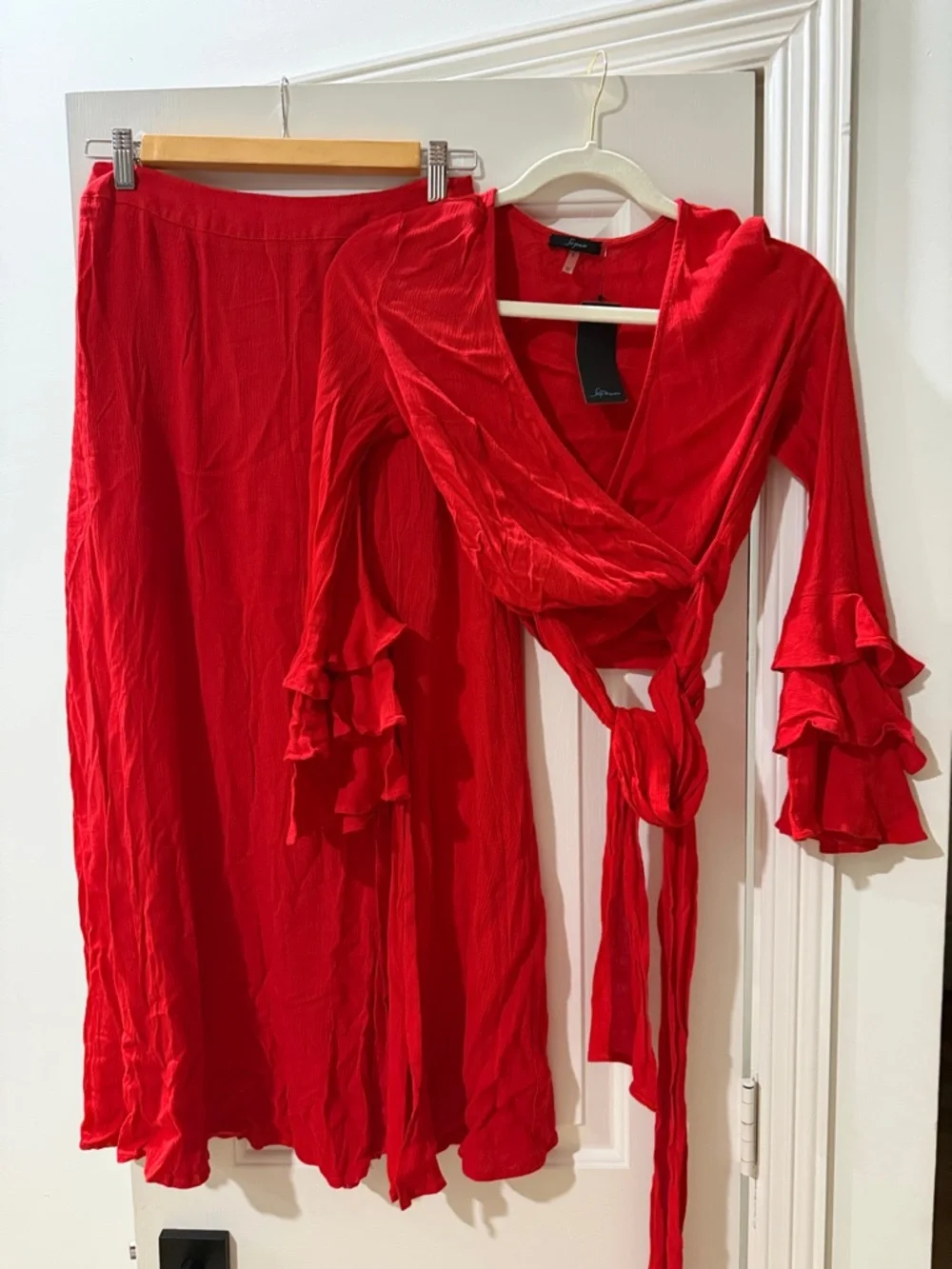 Soprano Vibrant Red Maxi Skirt with Matching Wrap Top